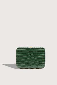 front profile Nolan Card Holder Jade Croc leather Custom frame is in 24k gold-plated stainless steel 