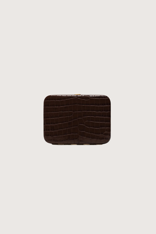 front profile Nolan Card Holder Mocha Croc leather Custom frame is in 24k gold-plated stainless steel 