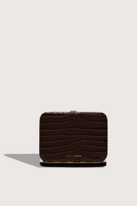 back profile Nolan Card Holder Mocha Croc leather Custom frame is in 24k gold-plated stainless steel with gold logo stamp