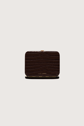 back profile Nolan Card Holder Mocha Croc leather Custom frame is in 24k gold-plated stainless steel with gold logo stamp