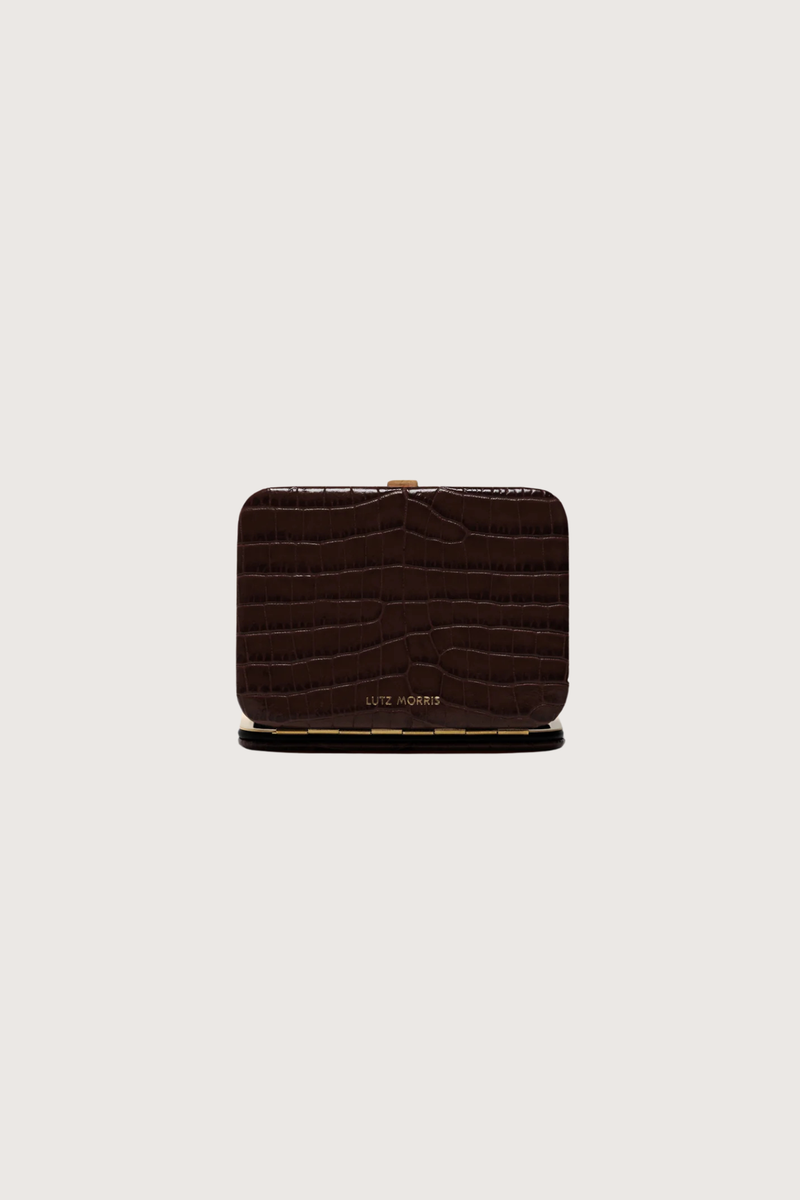 back profile Nolan Card Holder Mocha Croc leather Custom frame is in 24k gold-plated stainless steel with gold logo stamp