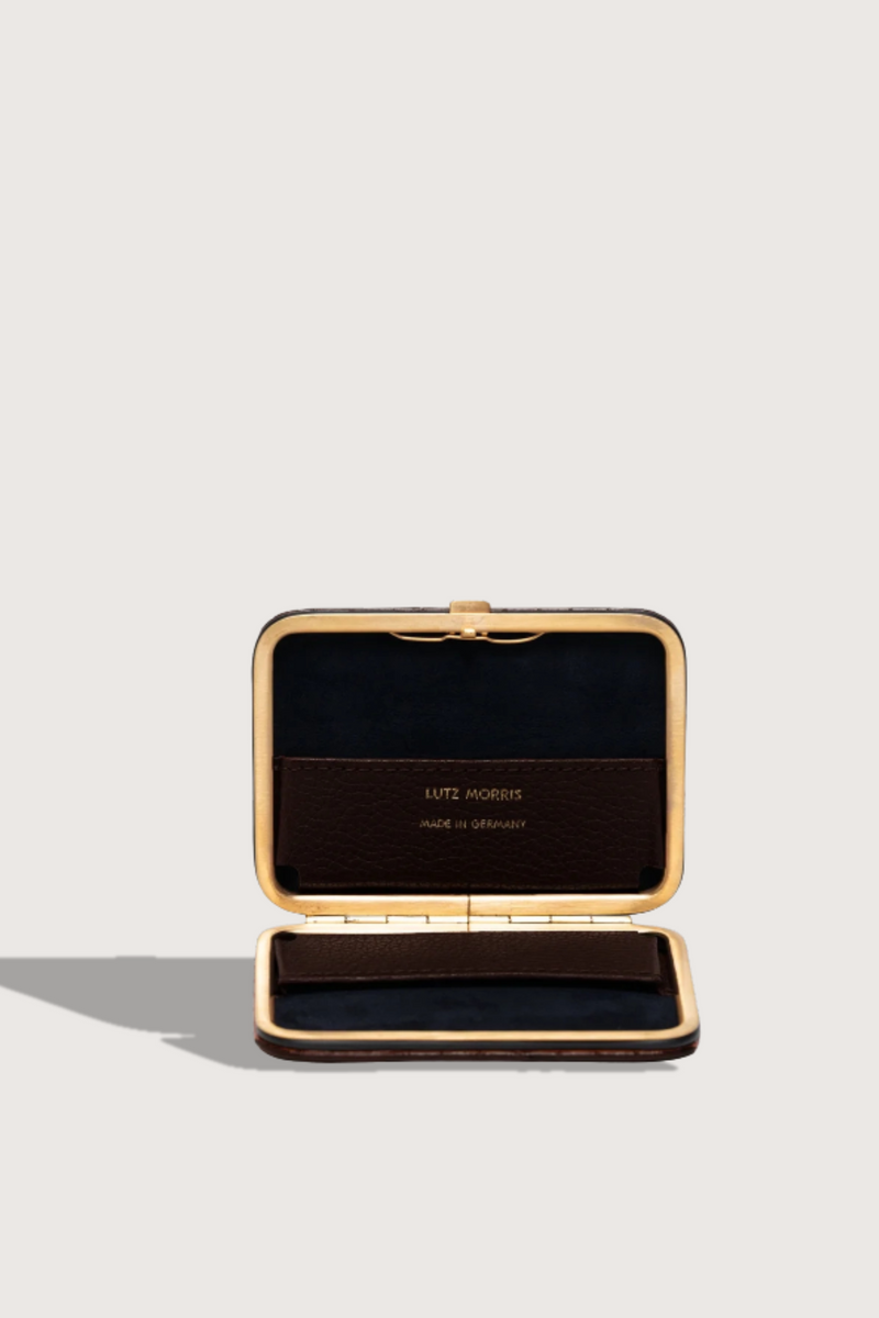 Inside profile Nolan Card Holder Mocha Croc leather Custom frame is in 24k gold-plated stainless steel with gold logo stamp and pebble leather card slots