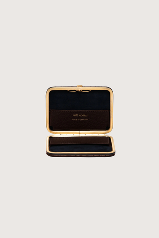 Inside profile Nolan Card Holder Mocha Croc leather Custom frame is in 24k gold-plated stainless steel with gold logo stamp and pebble leather card slots