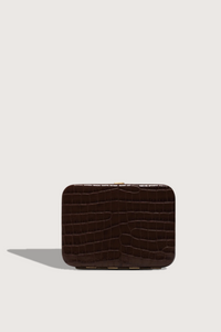 front profile Nolan Card Holder Mocha Croc leather Custom frame is in 24k gold-plated stainless steel 