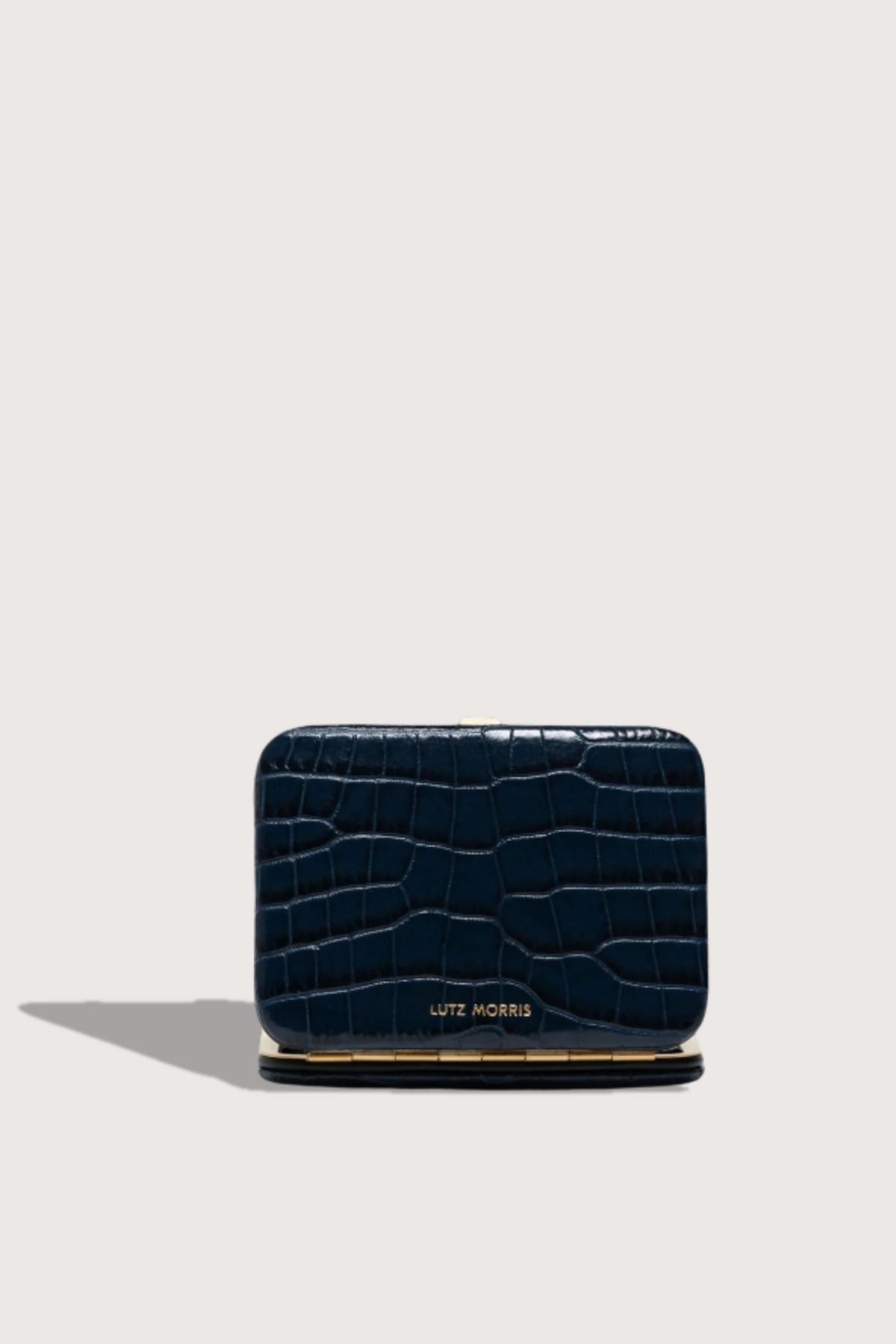 back profile Nolan Card Holder Navy Croc leather Custom frame is in 24k gold-plated stainless steel with gold logo stamp