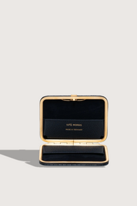 Inside profile Nolan Card Holder Navy Croc leather Custom frame is in 24k gold-plated stainless steel with gold logo stamp and pebble leather card slots