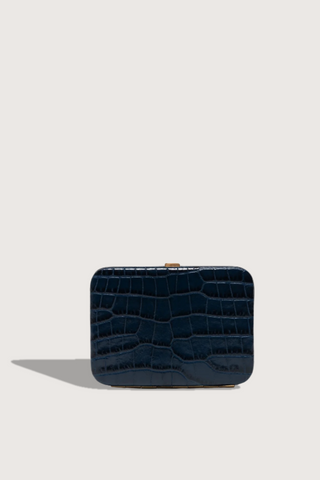 front profile Nolan Card Holder Navy Croc leather Custom frame is in 24k gold-plated stainless steel 
