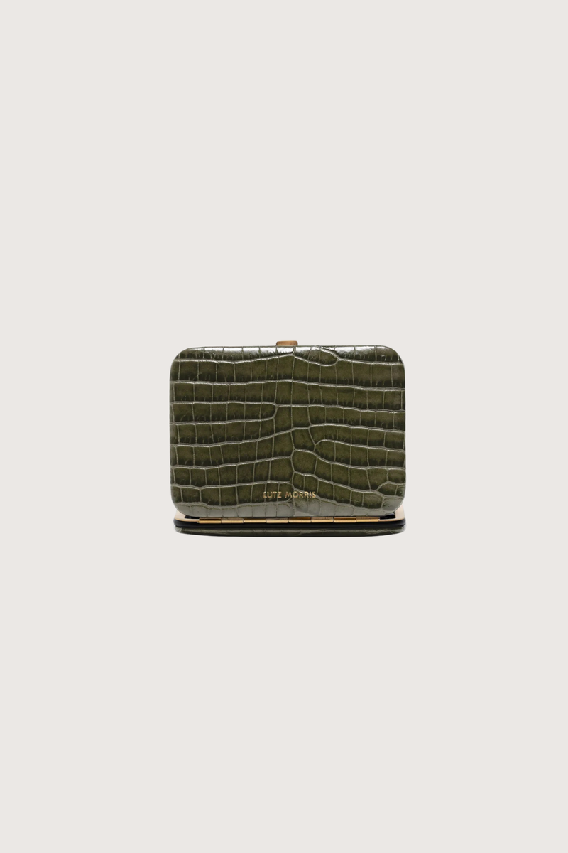 back profile Nolan Card Holder olive Croc leather Custom frame is in 24k gold-plated stainless steel with gold logo stamp