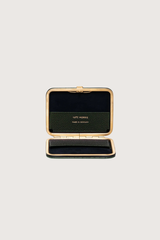 Inside profile Nolan Card Holder olive Croc leather Custom frame is in 24k gold-plated stainless steel with gold logo stamp and pebble leather card slots