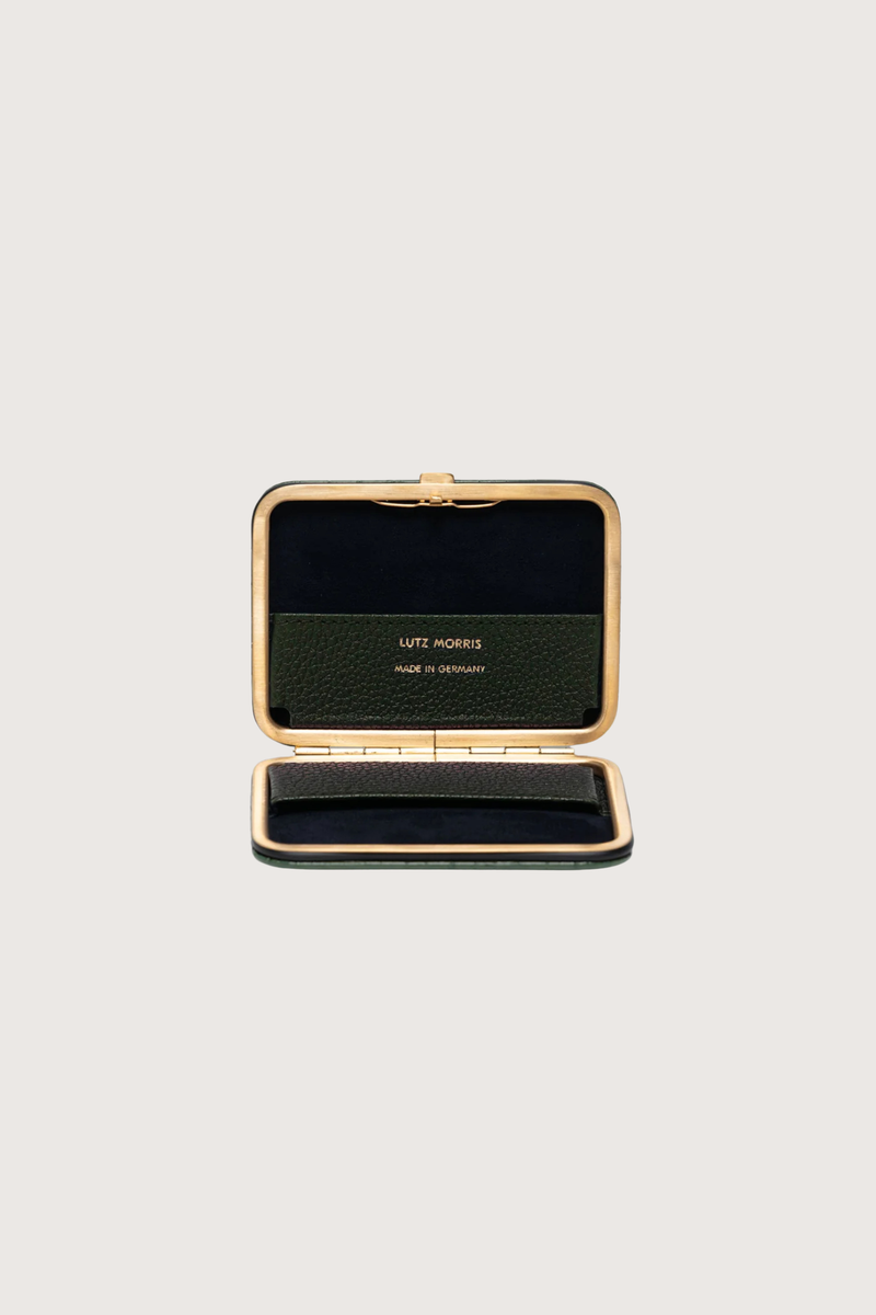 Inside profile Nolan Card Holder olive Croc leather Custom frame is in 24k gold-plated stainless steel with gold logo stamp and pebble leather card slots