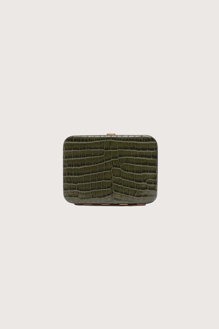 front profile Nolan Card Holder olive Croc leather Custom frame is in 24k gold-plated stainless steel 