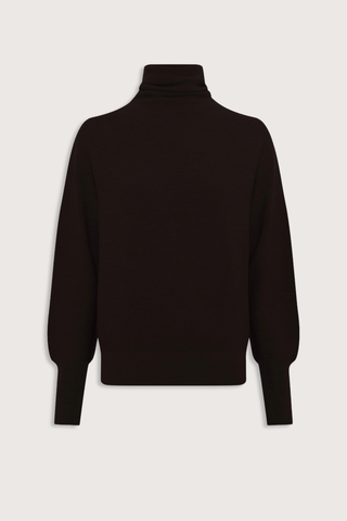 flat lay Nora Oversized High Neck Knit Top Ebony dark brown
Drapes loosely around the neck
Loose fit
Long sleeves
Garter-stitch knit sweater
Wide slit cuffs
100% pure extra-soft virgin wool