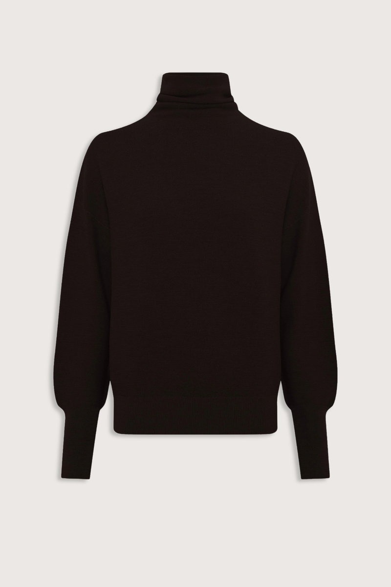 flat lay Nora Oversized High Neck Knit Top Ebony dark brown
Drapes loosely around the neck
Loose fit
Long sleeves
Garter-stitch knit sweater
Wide slit cuffs
100% pure extra-soft virgin wool