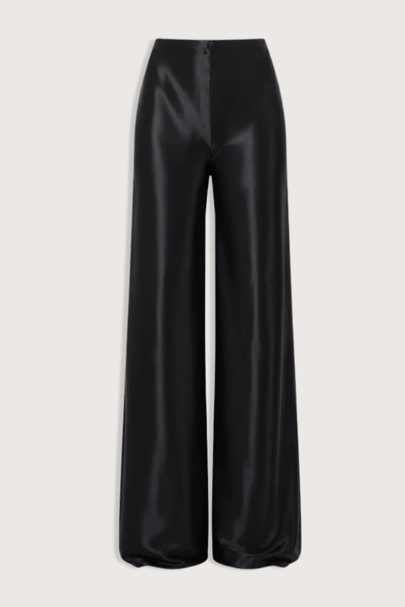 flat lay Norma Satin Pant black Mid rise
Straight-leg
Seamless
Drapes beautifully
Elastic waist
77% Acetate, 23% Polyester