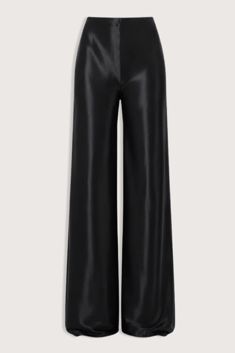 flat lay Norma Satin Pant black Mid rise
Straight-leg
Seamless
Drapes beautifully
Elastic waist
77% Acetate, 23% Polyester