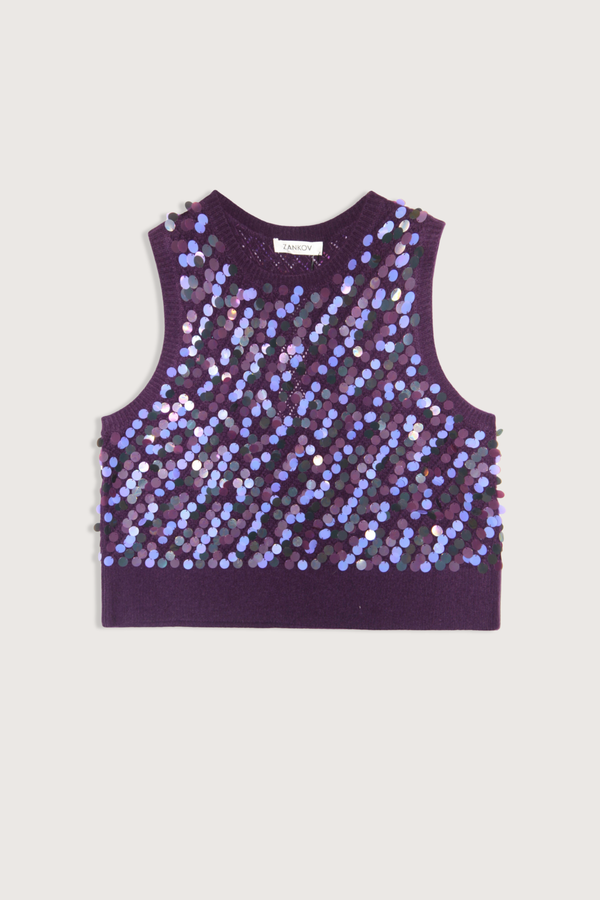 flat lay Oliver 1 Cashmere Multi Sequins Vest Chocolate purple Sequins throughout
Crewneck
Thick ribbed hem
35% Mohair, 35% Superfine Alpaca, 30% Polyamide
