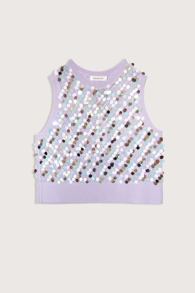 flat lay Oliver 1 Cashmere Multi Sequins Vest Lavender Paillettes throughout
Crewneck
Thick ribbed hem
35% Mohair, 35% Superfine Alpaca, 30% Polyamide