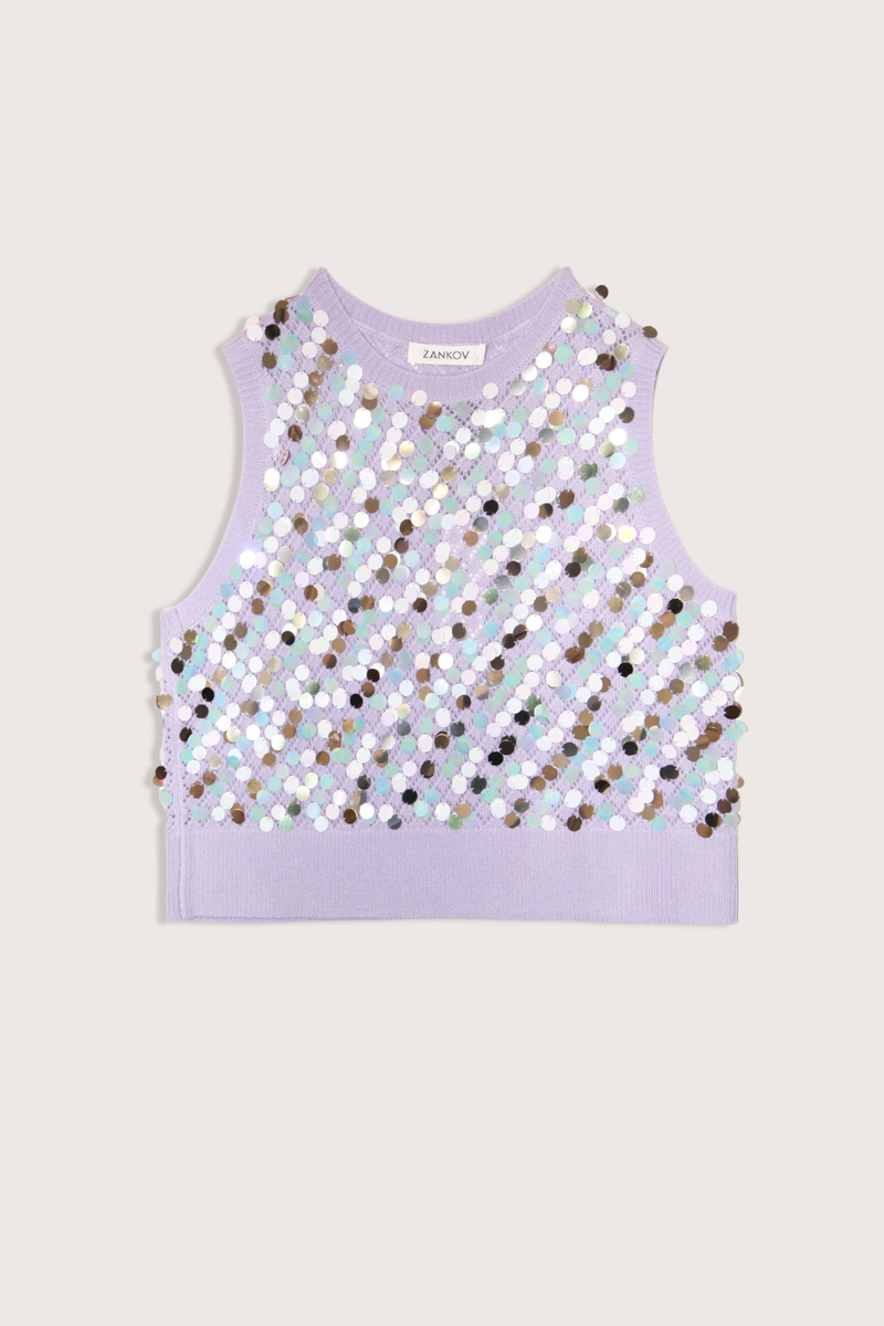 flat lay Oliver 1 Cashmere Multi Sequins Vest Lavender Paillettes throughout
Crewneck
Thick ribbed hem
35% Mohair, 35% Superfine Alpaca, 30% Polyamide