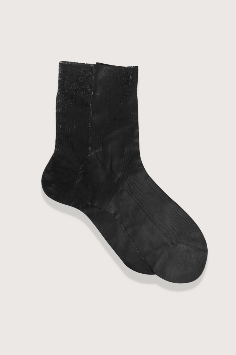 flat lay One Ribbed Laminated Socks Black silk nylon