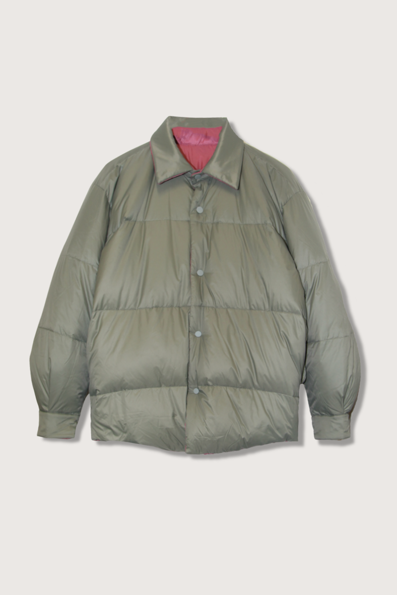 flay lay Orlov Reversible Down Jacket Sage/Grape duck down filled nylon