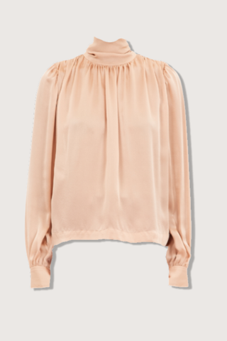 flat lay Ornament Tie Neck Blouse sand color silk Billowing top
Ties that fasten at the front or the back high neck