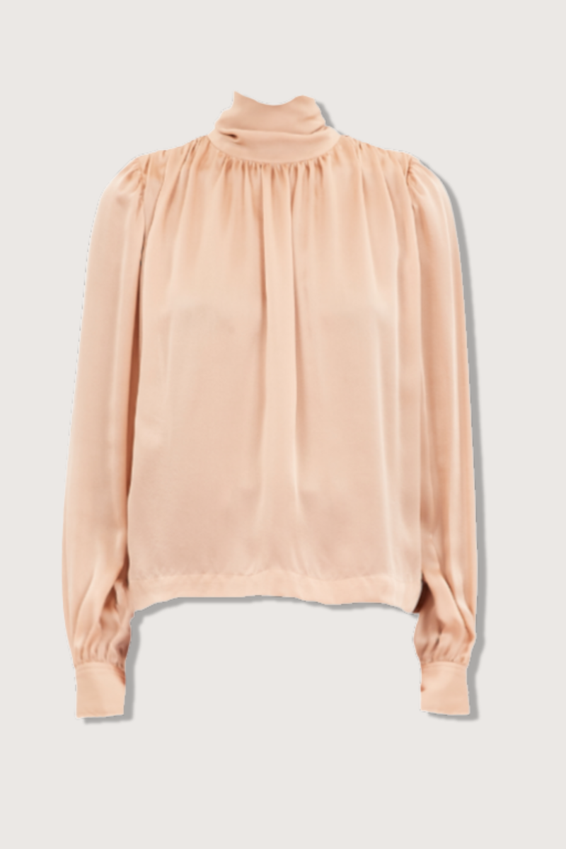 flat lay Ornament Tie Neck Blouse sand color silk Billowing top
Ties that fasten at the front or the back high neck