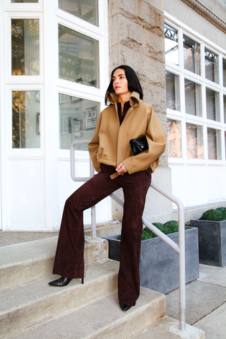 model wearing Osward Suede Pant Elastic Waist Band chocolate relaxed fit