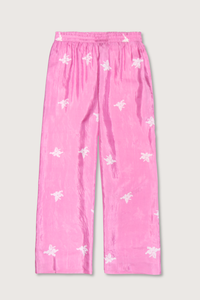 flat lay Otto Pink Jasmin Pant pink Hand-loomed silk
Cropped floral pant
Elasticated waist
Pajama-style silhouette
Hand-block-printed with an asymmetrical floral motif