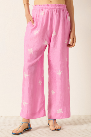 front profile model wearing Otto Pink Jasmin Pant pink Hand-loomed silk
Cropped floral pant
Elasticated waist
Pajama-style silhouette
Hand-block-printed with an asymmetrical floral motif