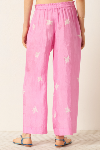 back profile model wearing Otto Pink Jasmin Pant pink Hand-loomed silk
Cropped floral pant
Elasticated waist
Pajama-style silhouette
Hand-block-printed with an asymmetrical floral motif