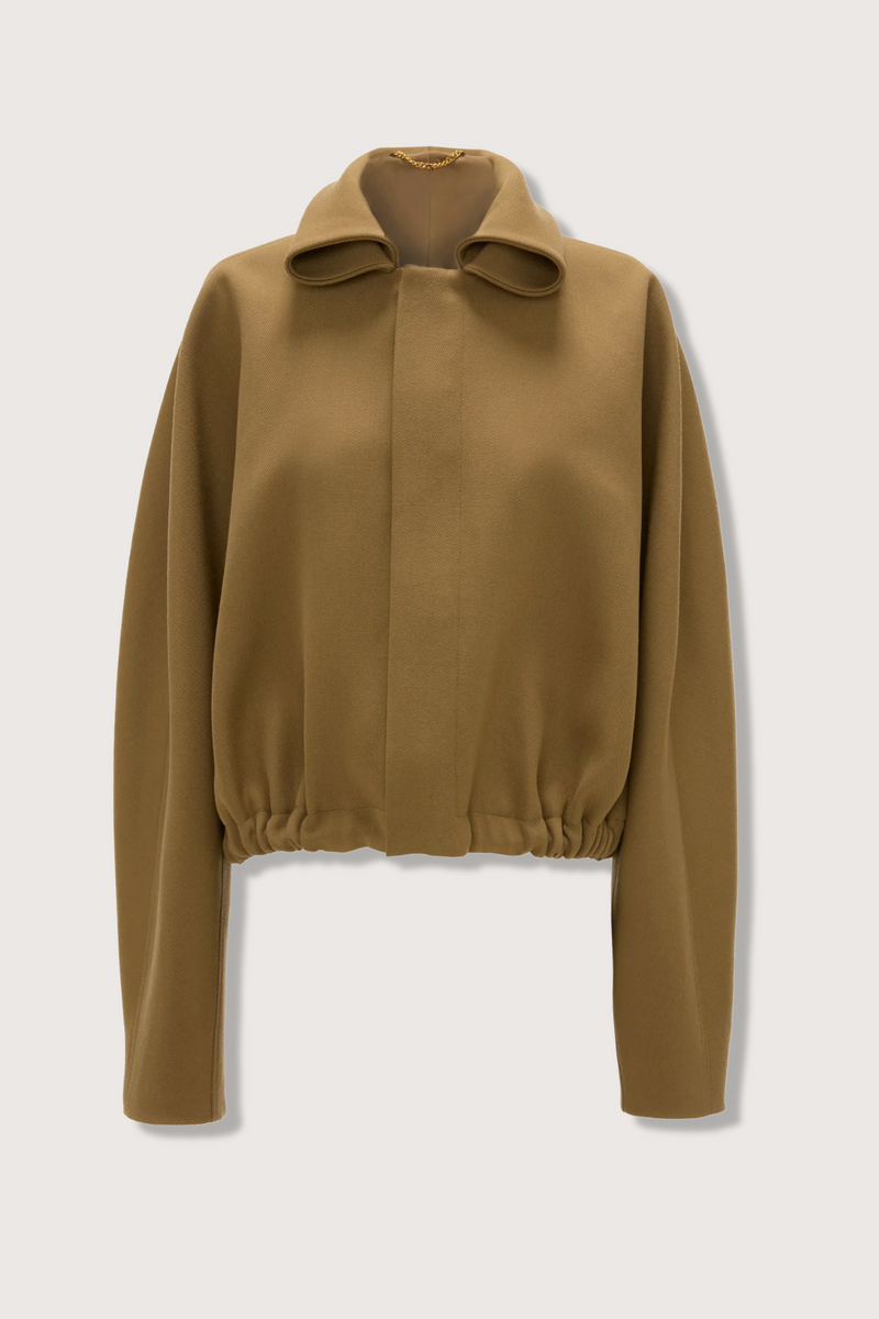 flat lay Oversized Roll Neck Bomber Jacket In Dark Camel oversized fit virgin wool elastic waist