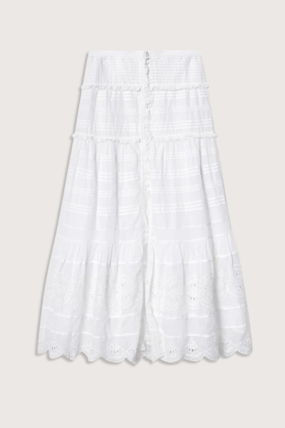 flat lay Paoline Skirt white Long lace and organic cotton skirt
Elastic waist
Button tab
Pintucks and broderie anglaise
Flared cut
100% cotton
