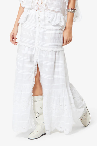 front profile model wearing Paoline Skirt white Long lace and organic cotton skirt
Elastic waist
Button tab
Pintucks and broderie anglaise
Flared cut
100% cotton