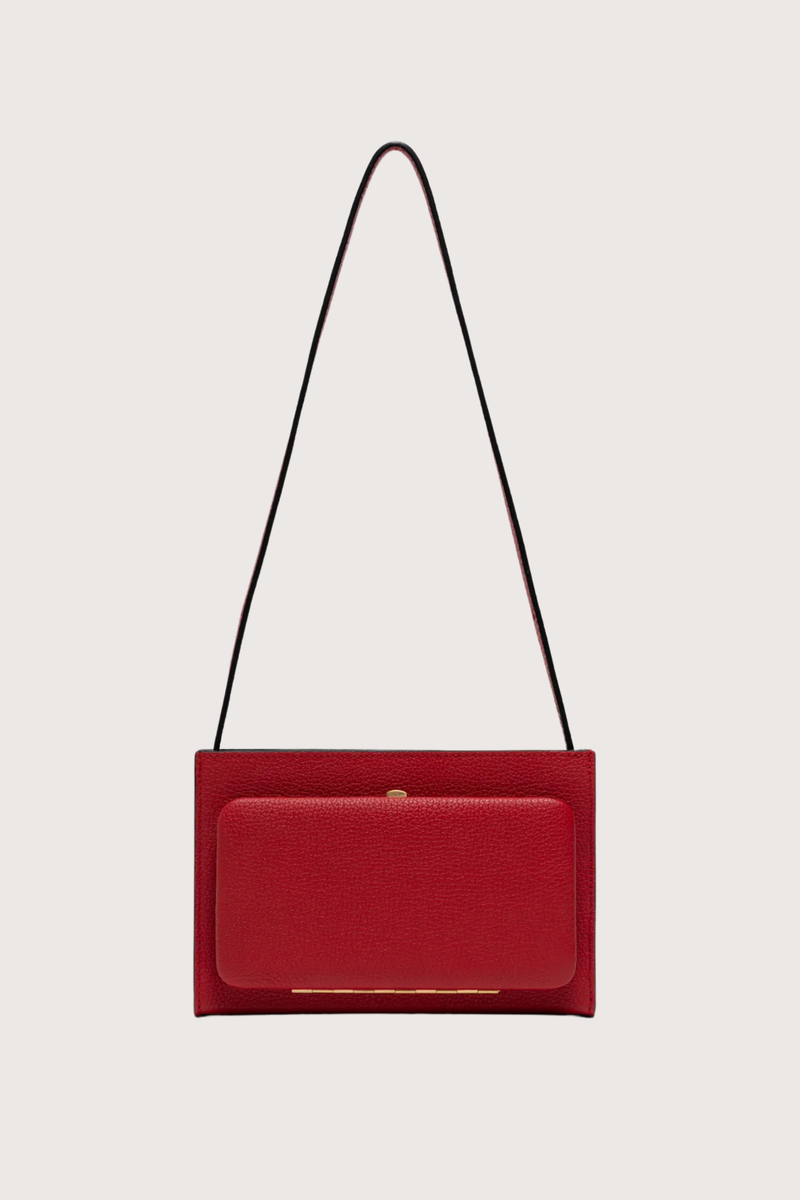 front profile Parker Brandon Horizon leather bag Short Strap red Strap length is adjustable
Outside pocket in signature frame construction with single latch closure. gold logo embossed in back