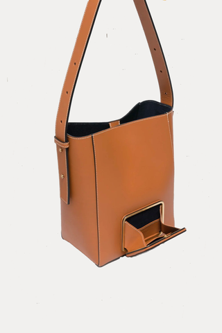 open pocket feature Parker M Soft Long Strap leather Tan bag with adjustable strap and exterior pocket