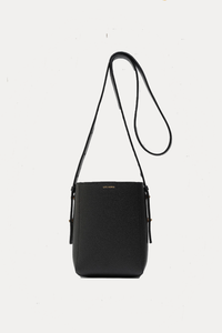 back profile Parker S Soft Black leather Crossbody Bag with adjustable strap with stamped logo