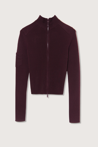 flat lay Patched Detail Zipped Top merlot  Slim fit Zip up Patch pocket on side sleeve with VB logo