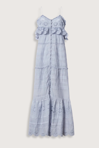 flat lay Paule Cami Maxi Dress Light Blue Long organic cotton and floral lace dress
Low-cut V-neckline
Thin adjustable straps
Buttoned front
Frills with a crochet finish and pintucks
Lined
Flared cut
100% cotton