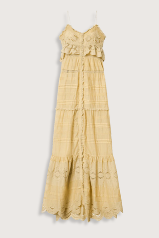 flat lay Paule Cami Maxi Dress Light Ocher Long cotton and floral lace dress
Low-cut V-neckline
Thin adjustable straps
Buttoned front
Frills with a crochet finish and pintucks
Lined
Flared cut
100% cotton