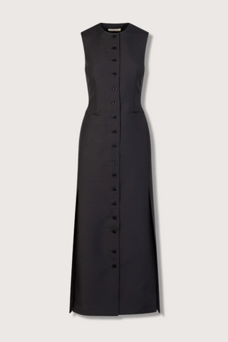 flat lay Paulina Sleeveless Dress wool silk black button front  midi length tailored fit with dramatic Vented slits down front and back