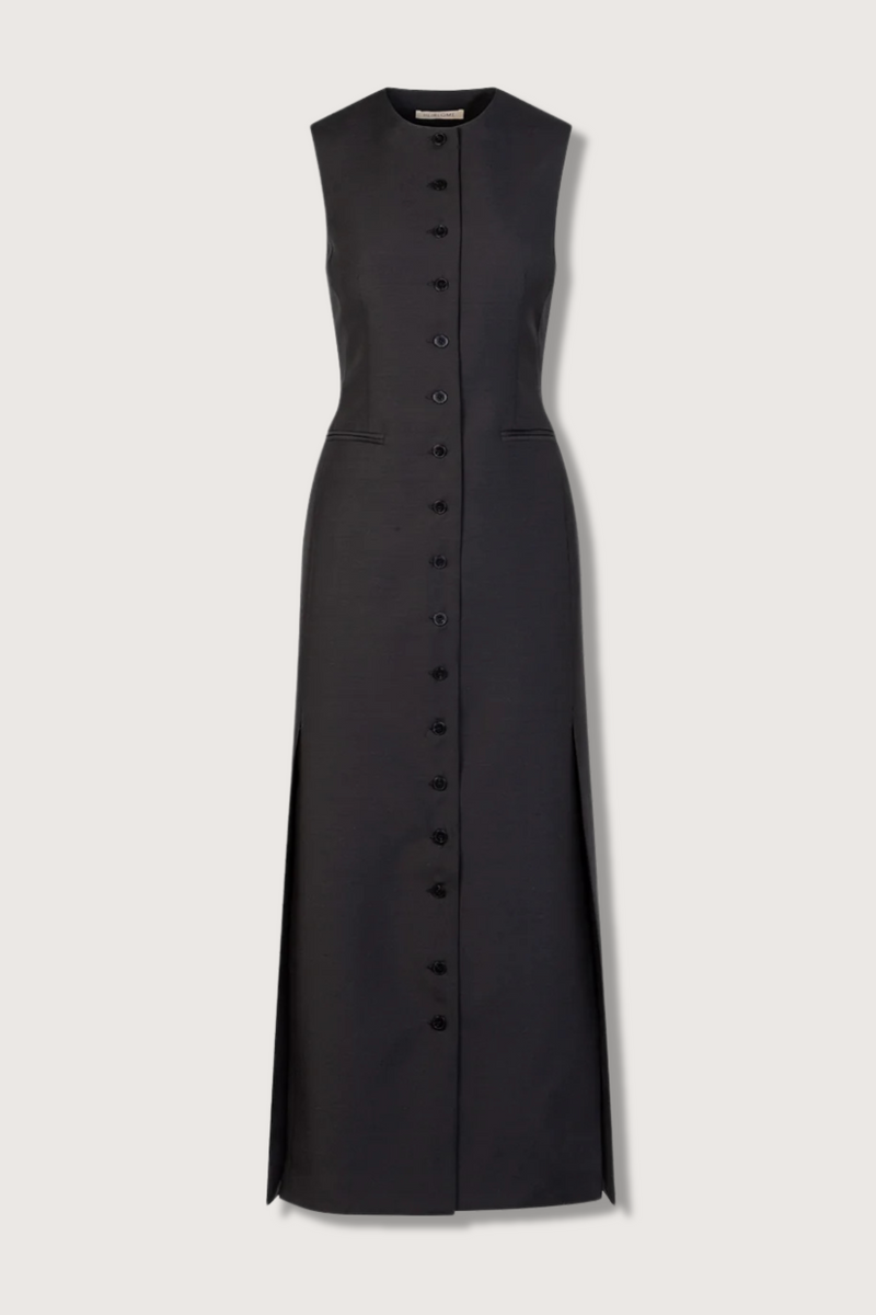 flat lay Paulina Sleeveless Dress wool silk black button front  midi length tailored fit with dramatic Vented slits down front and back