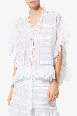 front profile model wearing Payton Top White Caftan style organic cotton and floral lace top
Round collar with tie strings
Broderie anglaise and pintucks
Short frilly sleeves
Side frills and drawstrings
Flared cut
100% cotton