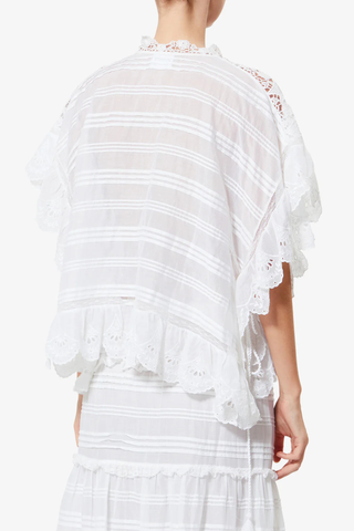 back profile model wearing Payton Top White Caftan style organic cotton and floral lace top
Round collar with tie strings
Broderie anglaise and pintucks
Short frilly sleeves
Side frills and drawstrings
Flared cut
100% cotton