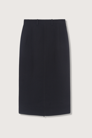 flat lay Pencil Skirt black calf length Center seams at the front and back
Belt loops