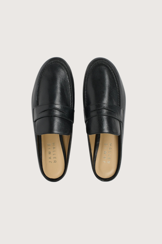 top profile  Penny Mule Black leather Backless version of Jamie Haller's classic Penny Loafer
Slip on ease
Handmade in Italian Bufalini
Sizing is the same as the classic Penny Loafer