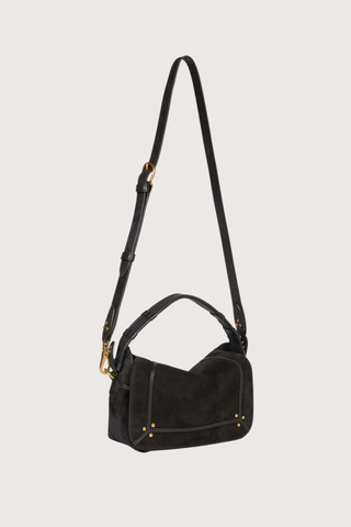 side profile with long handles Pepito S Noir suede Bag Shoulder bag, 
Quilted leather handle
Long adjustable, removable strap 
Zippered exterior pocket at the back of the bag
80% Calfskin 20% Goatskin / Lining 100% Cotton