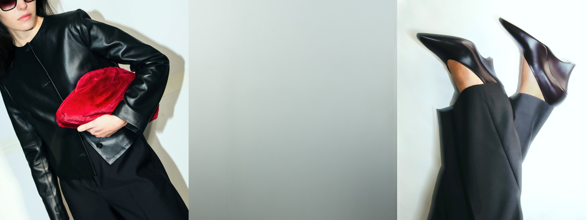 Person wearing a black leather jacket, black trousers. with a red bag, paired with purple high-heeled shoes.