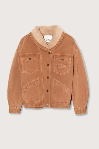 flat lay Pimia Outdoor Jacket denim and faux fur brown