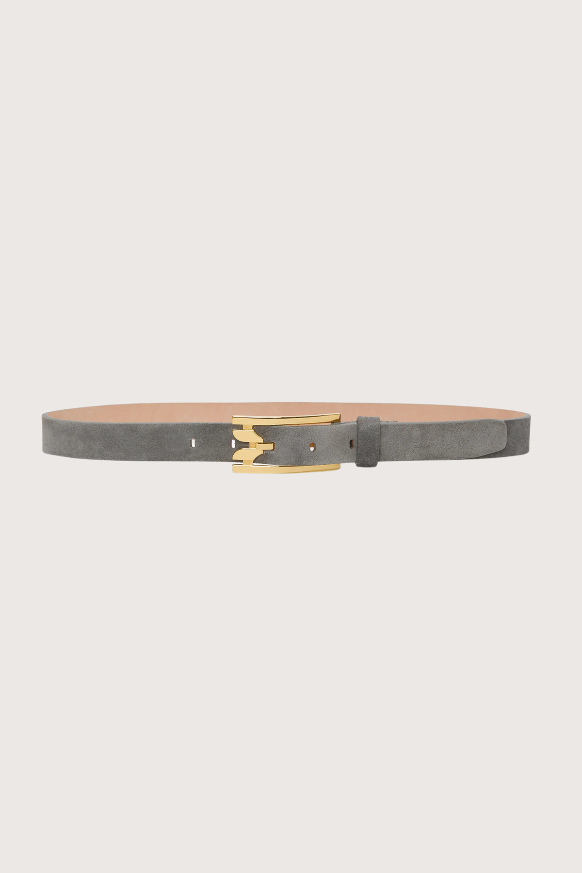 front profile Pin Buckle Suede Belt Pebble Grey Curved B hardware
Suede fabrication
100% Calf Leather