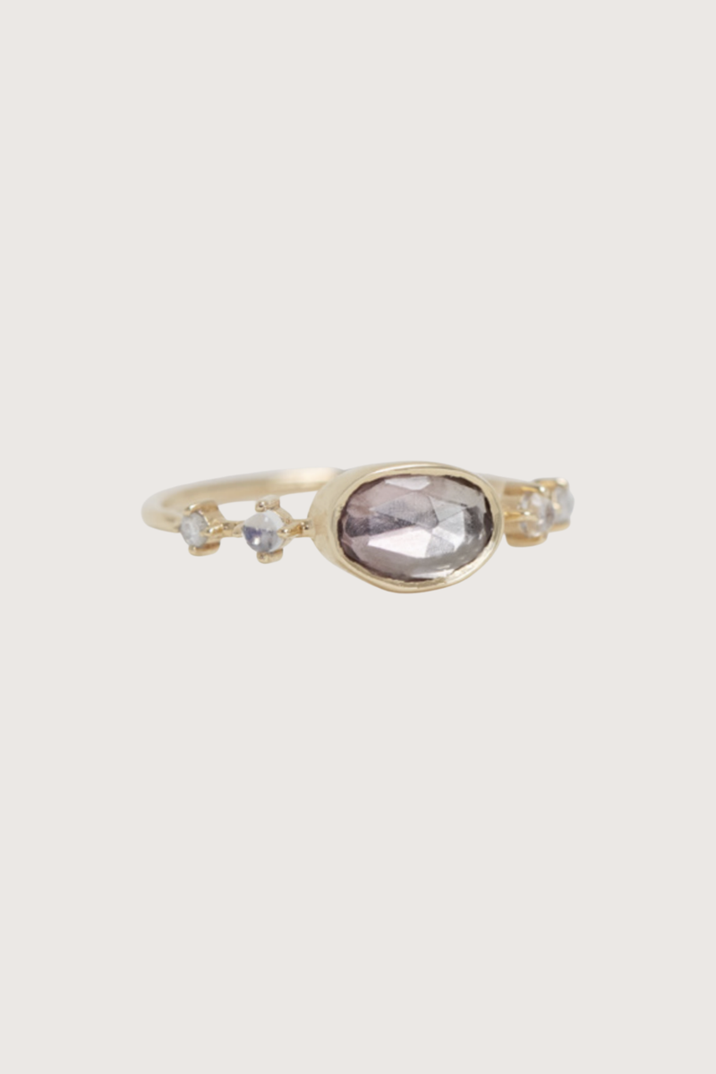 flat lay Pink Tourmaline Moonstones & Diamond Ring 14k light yellow gold ring
One central pink tourmaline
Two moonstones
Two diamonds